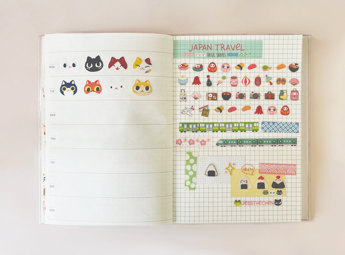 Blank diary spread with Japan travel theme and cat stickers