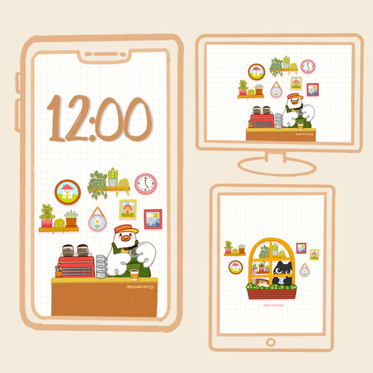Preview of cute cafe scene on various devices