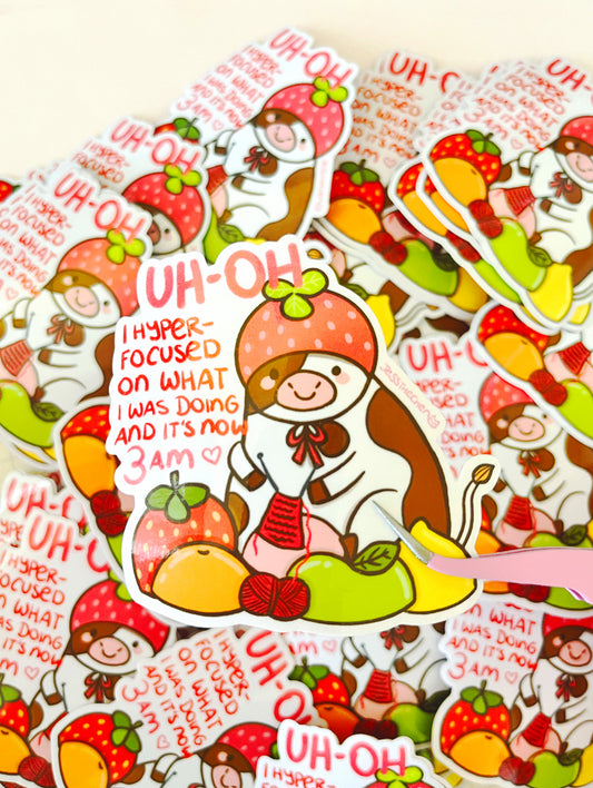 Die-cut hyperfocus cow stickers, Uh-oh design