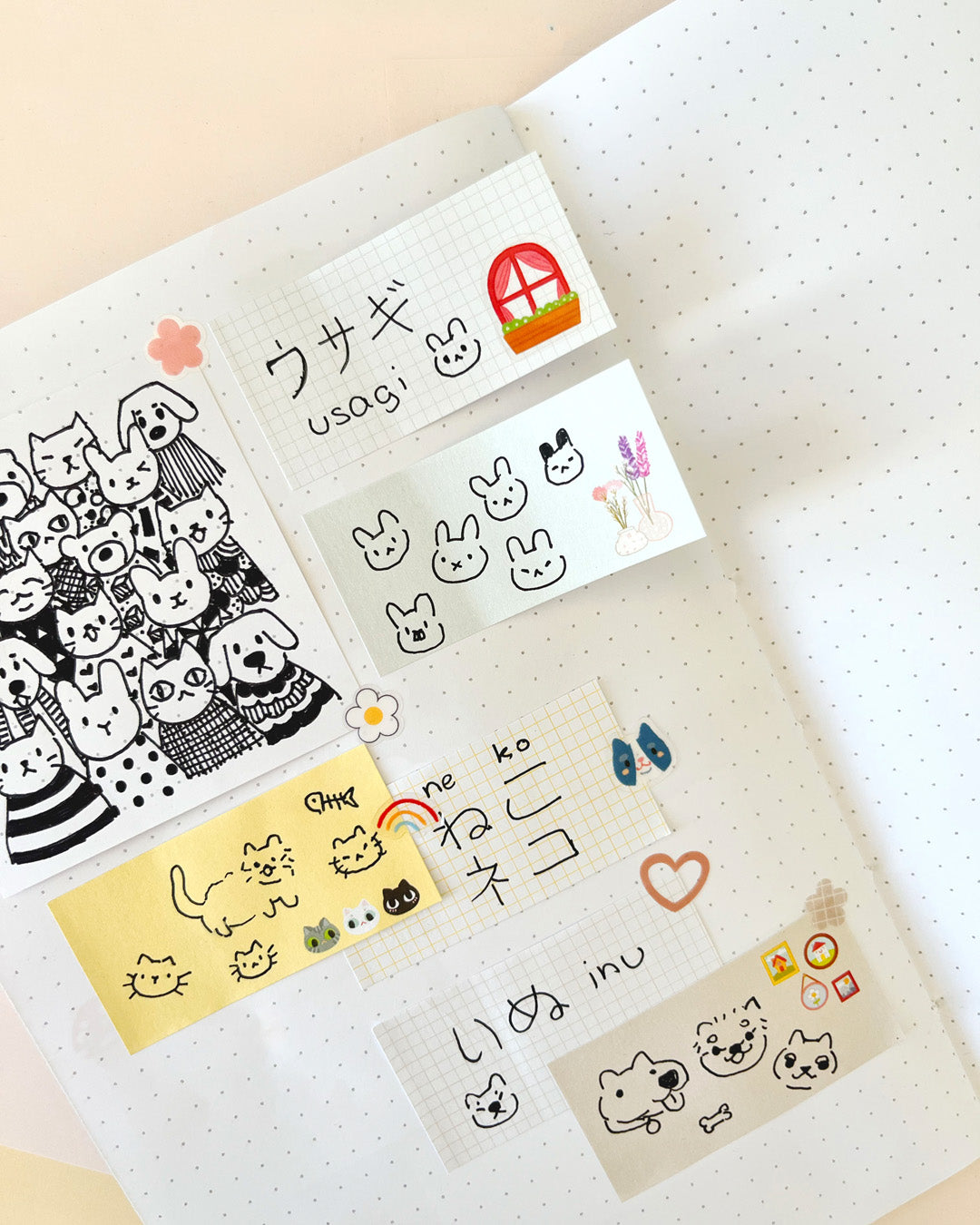 Sticky notes with cat, dog, and rabbit doodles