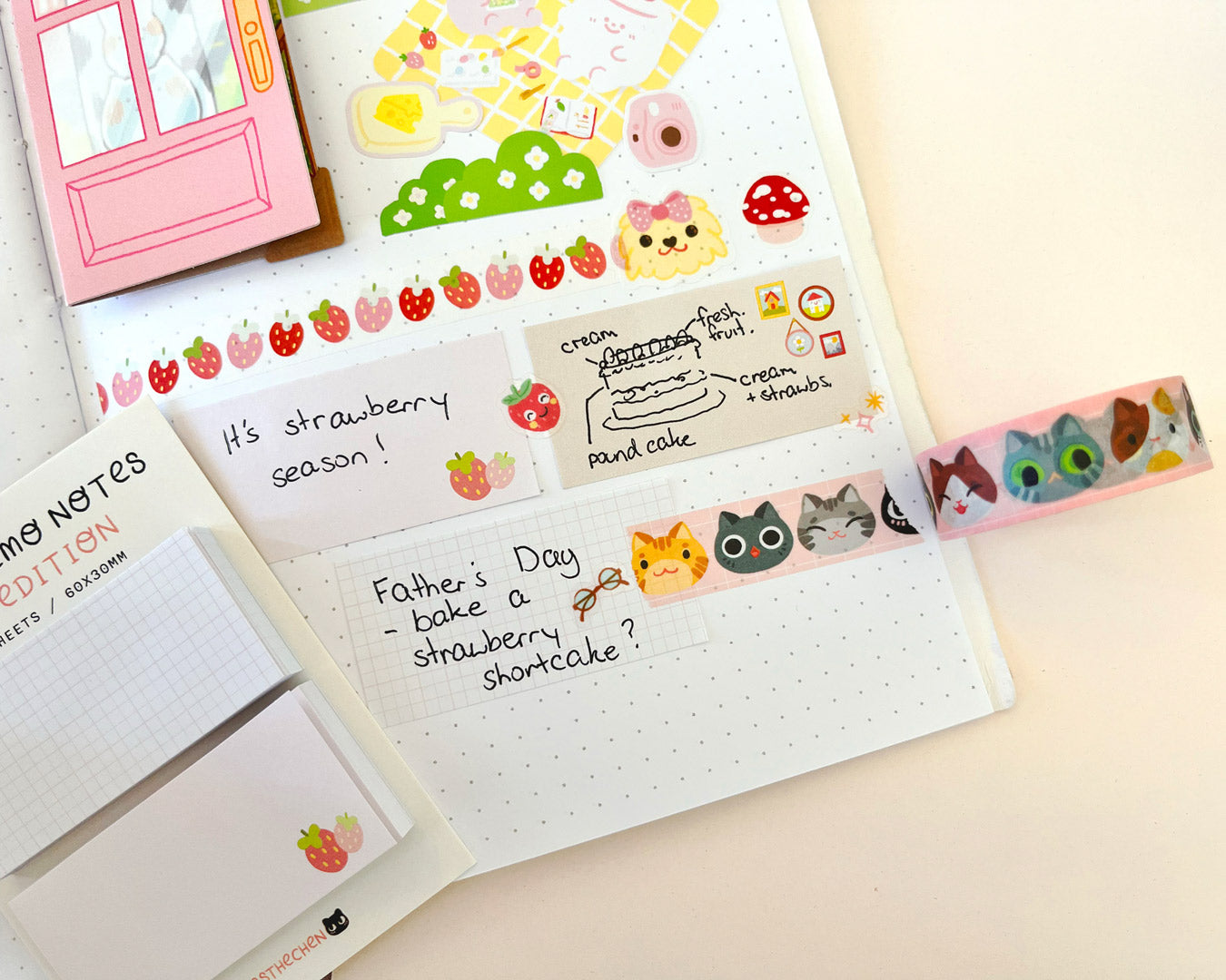 Web sticky notes with strawberries and cat tape