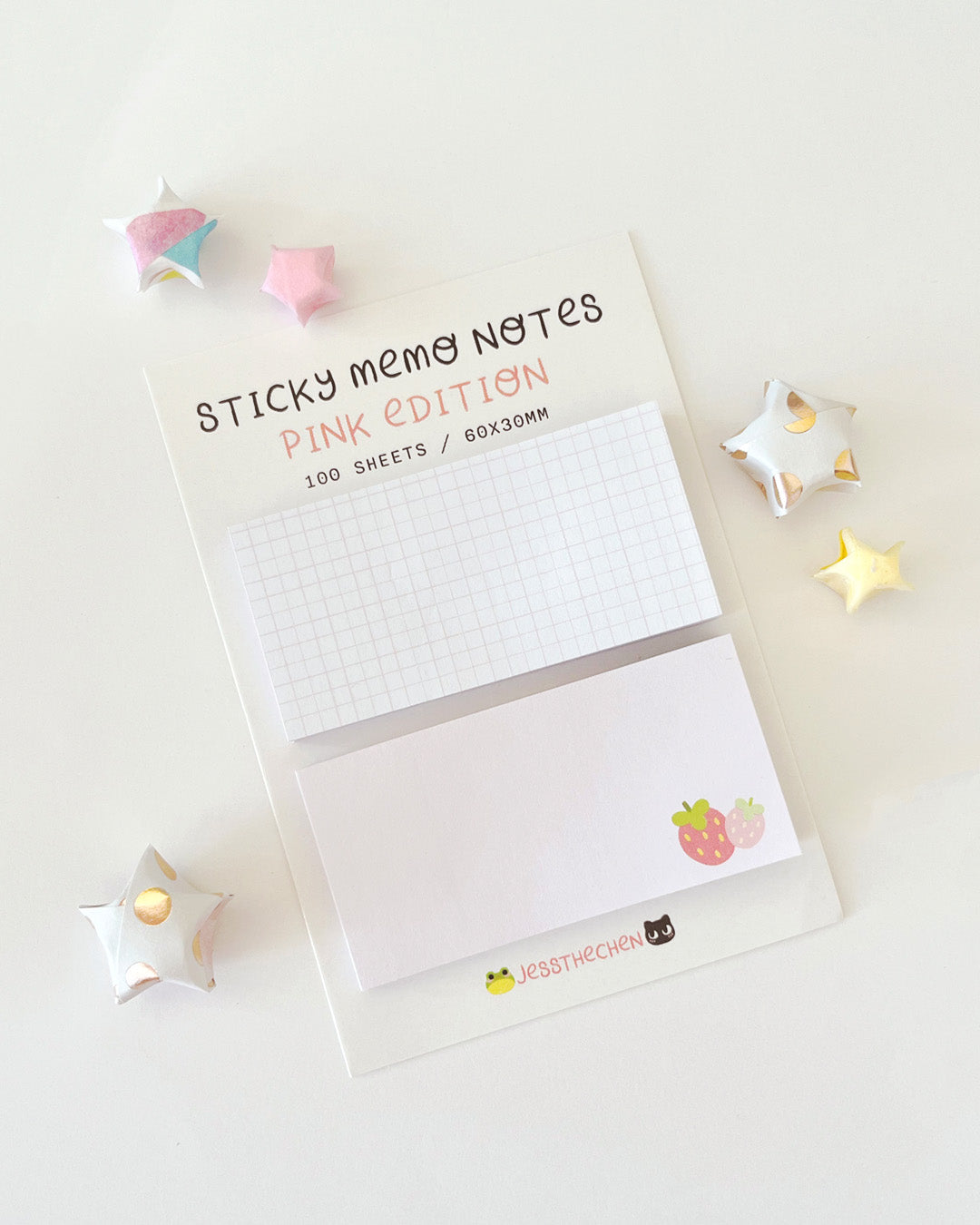 Pink sticky memo notes with strawberry design