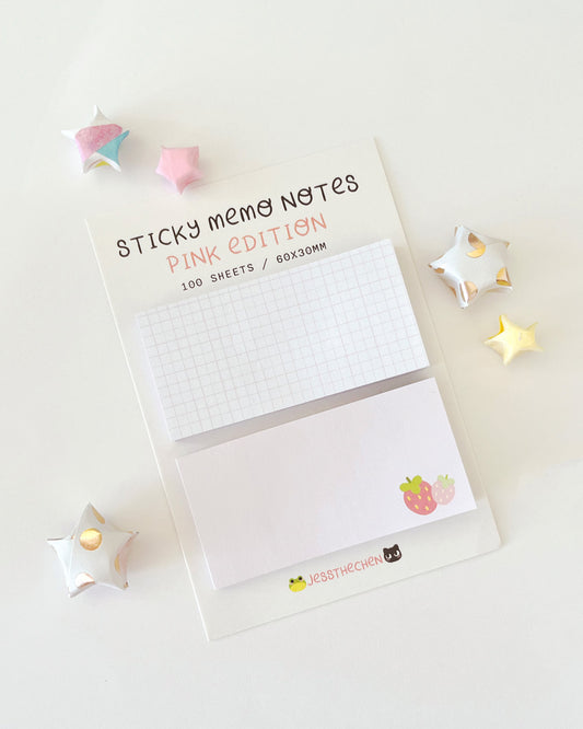 Pink sticky memo notes with strawberry design