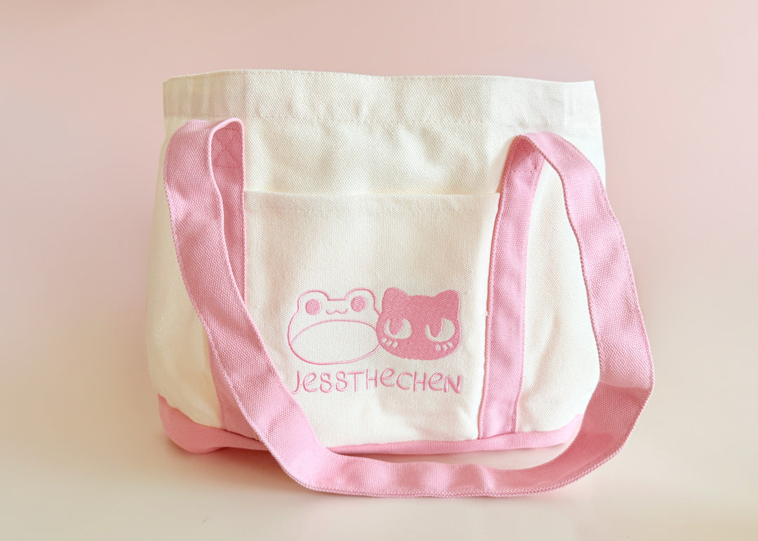 Web Tote Bag - Large - Pink & White with frog and cat