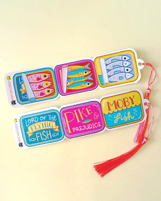 Sardine Tin Can Pun Bookmark | Double-Sided with Tassel