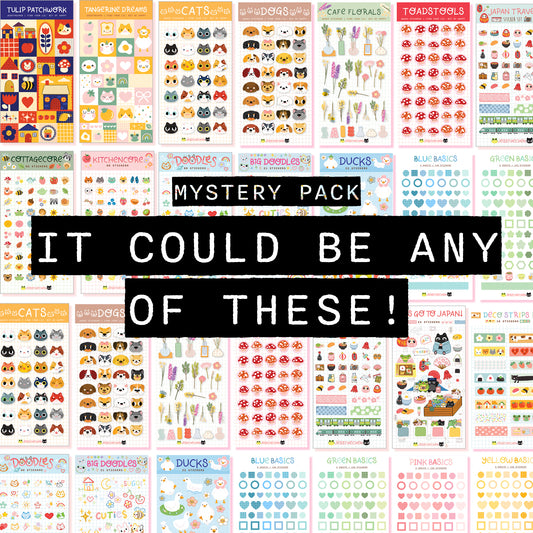 Collage of various sticker sheets with text 'Mystery Pack: It could be any of these!'