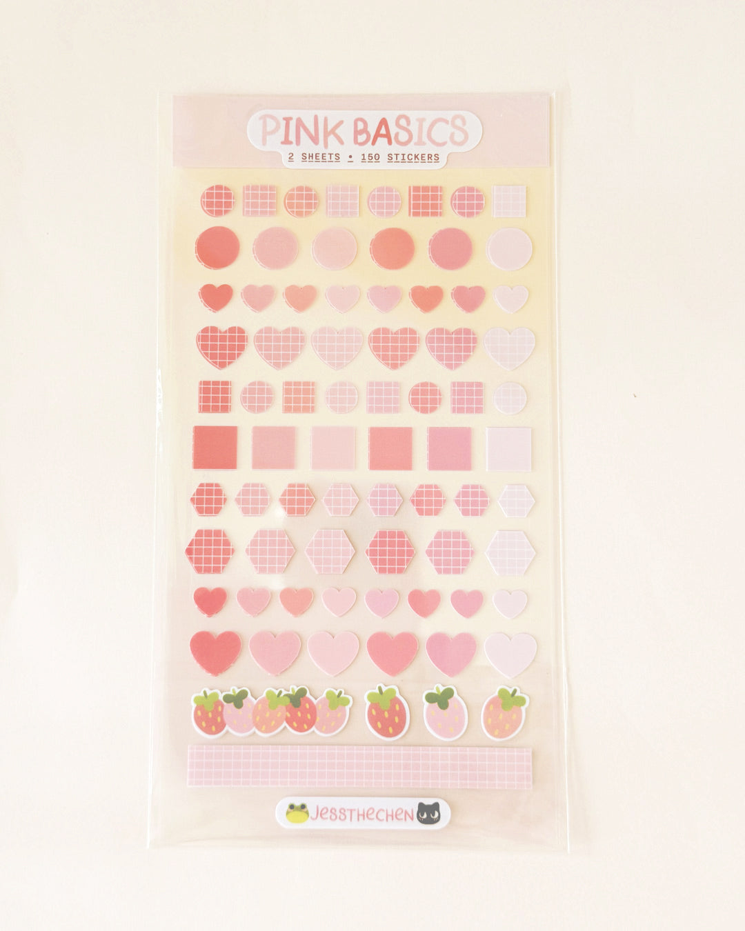 Pink Basics sticker sheet with hearts, circles, and strawberries.
