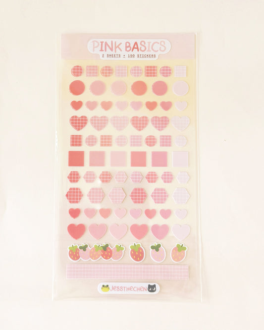 Pink Basics sticker sheet with hearts, circles, and strawberries.
