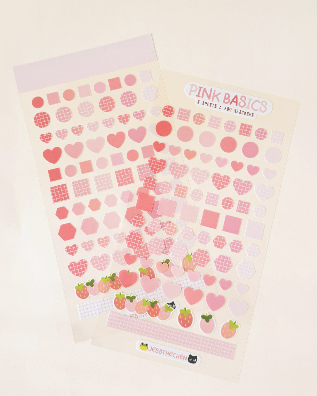 Pink Basics stickers with hearts, squares, strawberries