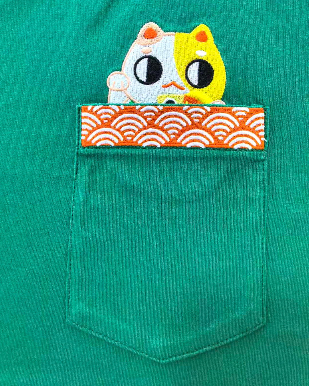 Lucky Cat Embroidered Peekaboo Pocket T-Shirt