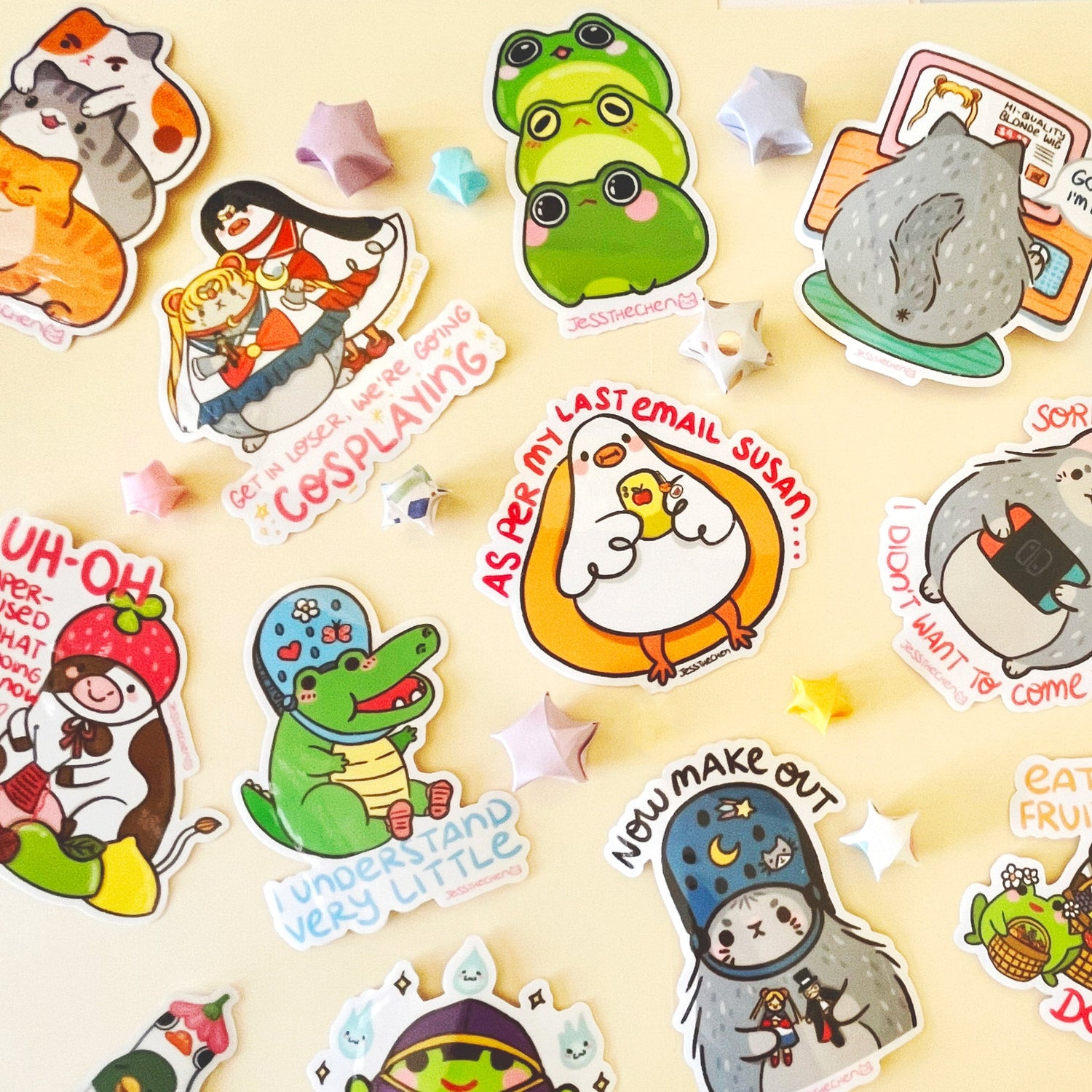 Cute vinyl stickers with capybara, cat, frog and duck designs for laptop and planner decoration