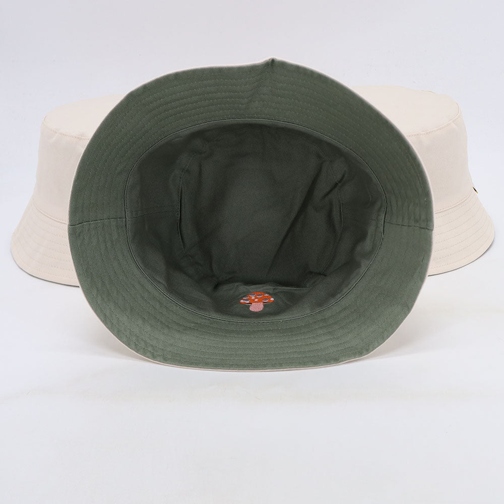 Cat & Mushroom Reversible Bucket Hat | Khaki/Cream