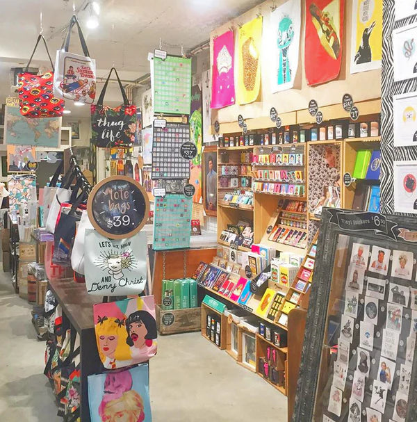 Shop interior with bags and merchandise