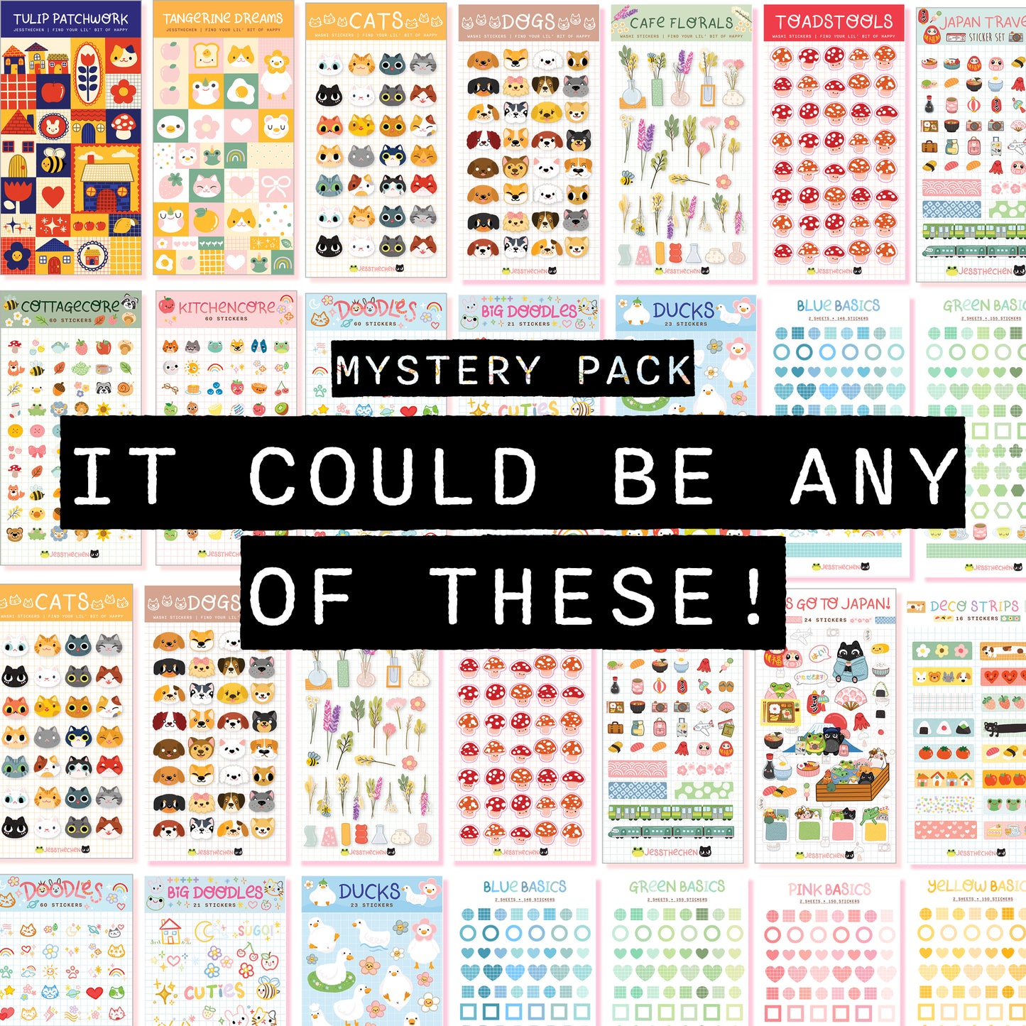 Collage of various sticker sheets with text 'Mystery Pack: It could be any of these!'