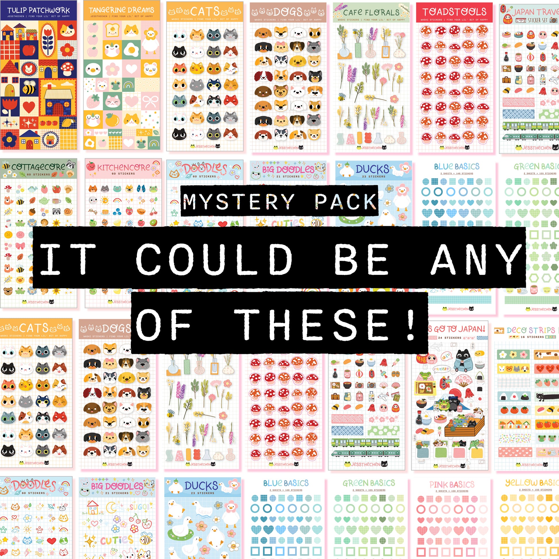 Collage of various sticker sheets with text 'Mystery Pack: It could be any of these!'
