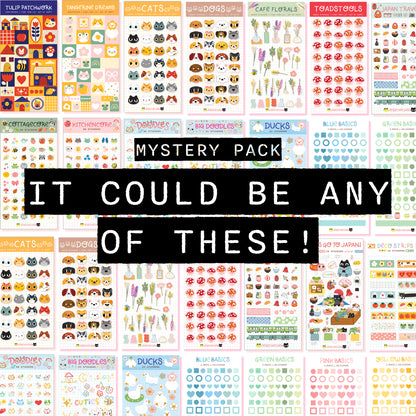 Collage of various sticker sheets with text 'Mystery Pack: It could be any of these!'