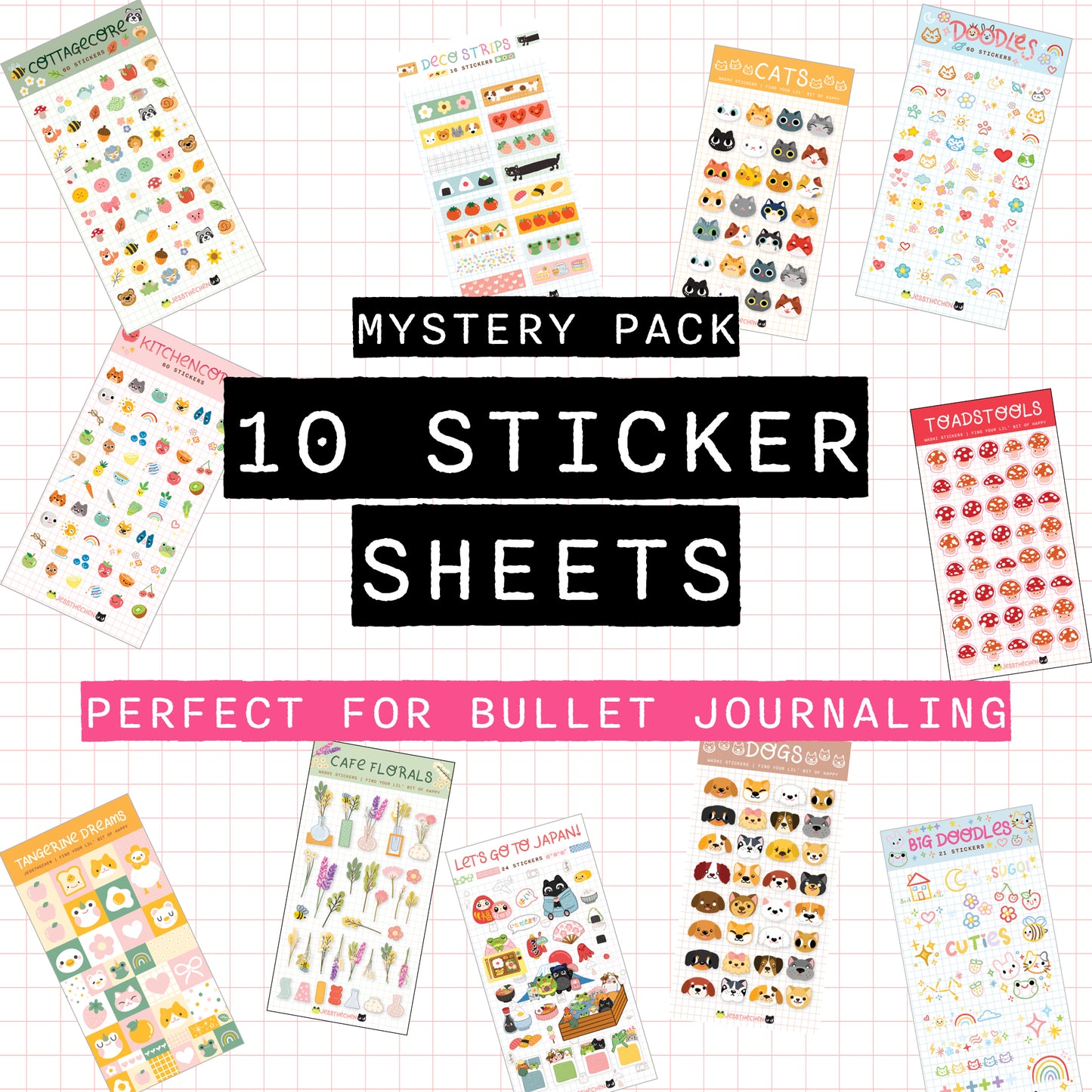 Mystery pack of 10 sticker sheets for bullet journaling on a grid background