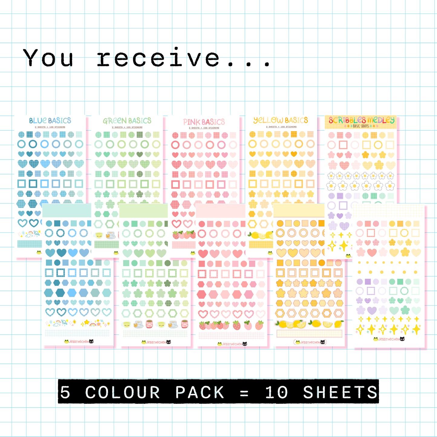 Basics Sticker Bundle | 5 Colour Packs (10 Sheets Total)