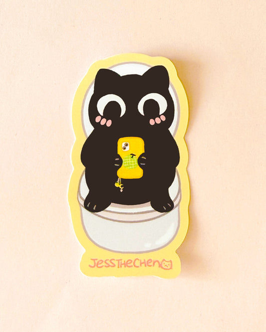 Doomscroll Cat on Toilet Vinyl Sticker