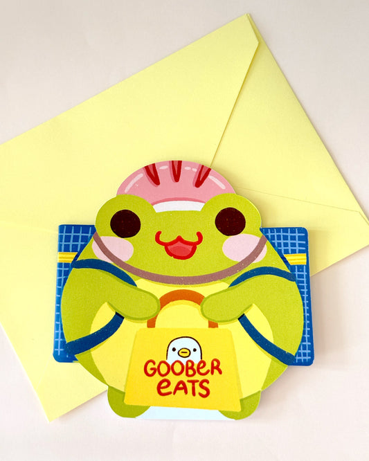 Food Delivery Froggy Die-Cut Greeting Card