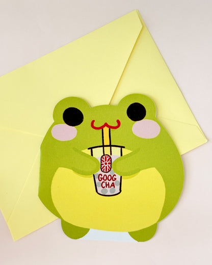 Bubble Tea Froggy Die-Cut Greeting Card