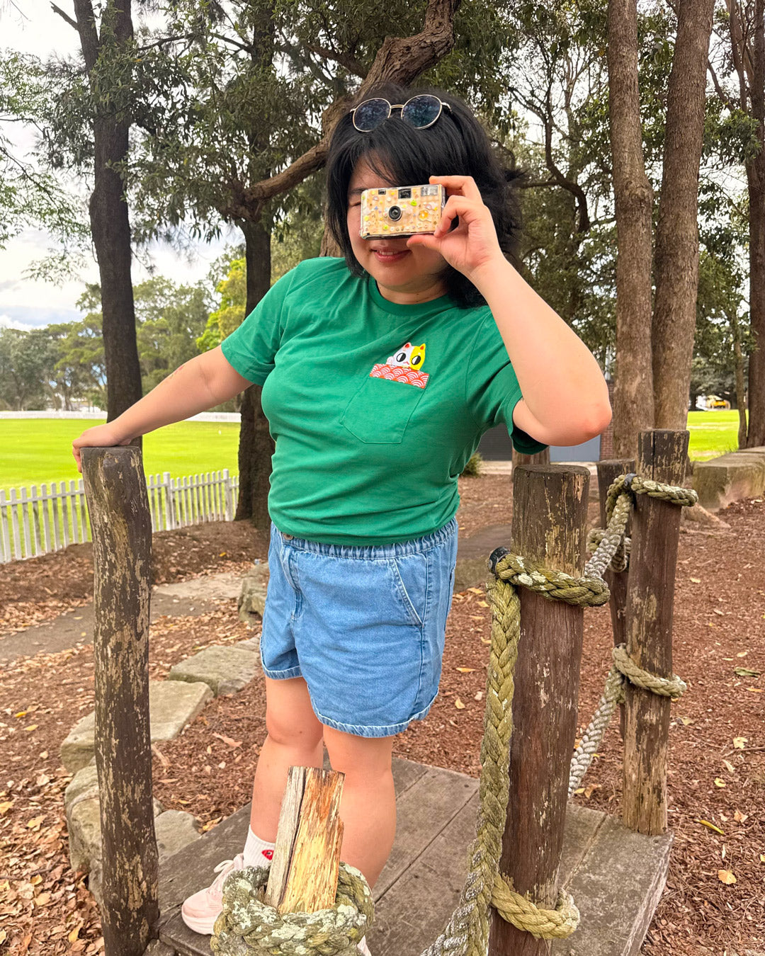 Lucky Cat Embroidered Peekaboo Pocket T-Shirt