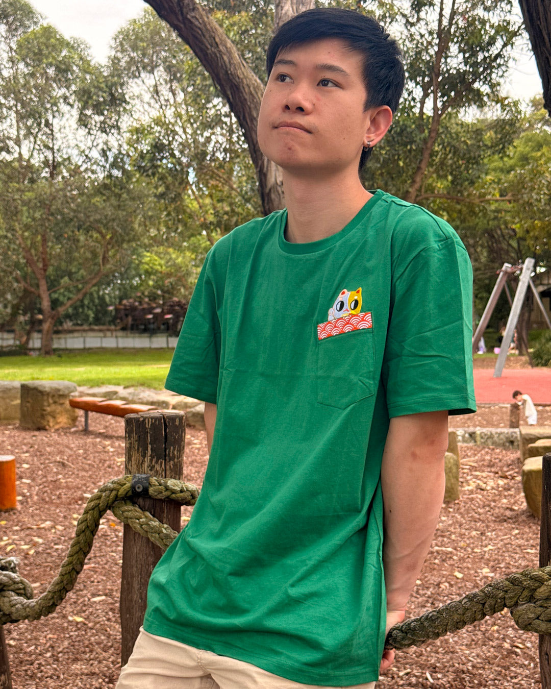Lucky Cat Embroidered Peekaboo Pocket T-Shirt