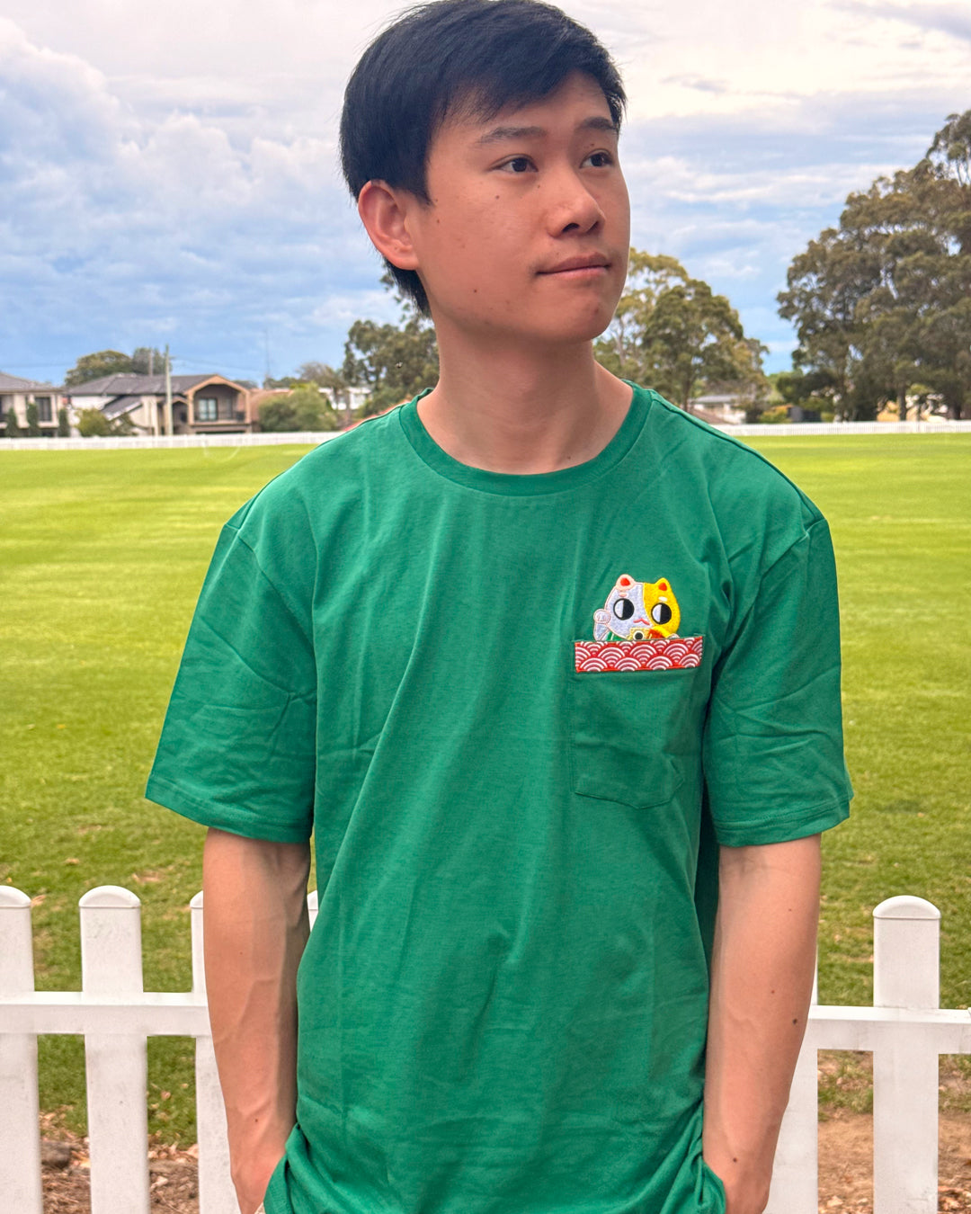 Lucky Cat Embroidered Peekaboo Pocket T-Shirt