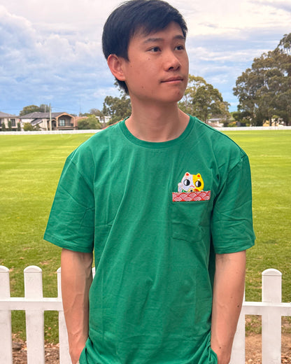 Lucky Cat Embroidered Peekaboo Pocket T-Shirt